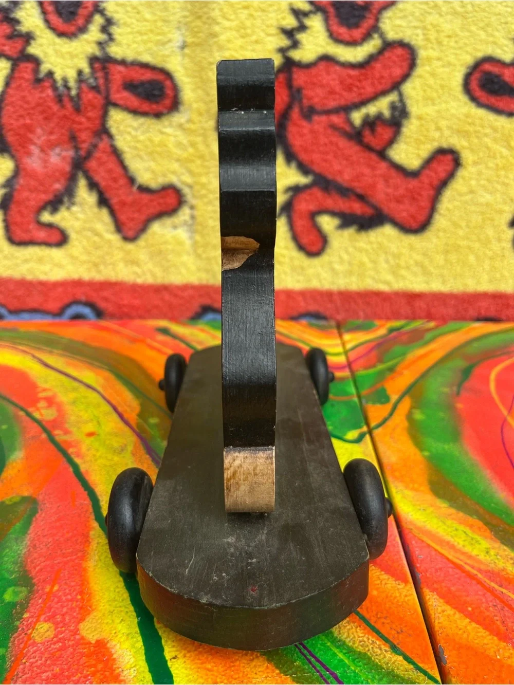 Handcrafted Wooden Cat skateboard Pull Toy - Black and Natural